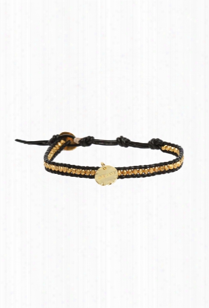 Chan Luu Gold Beads On Black Leather Bracelet With Gold Dream Charm