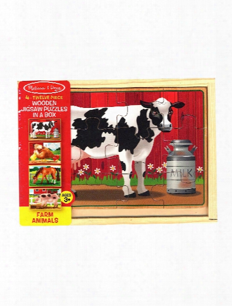 Wooden Puzzles In A Box Farm Animals 4 Puzzles, 12 Pieces Each