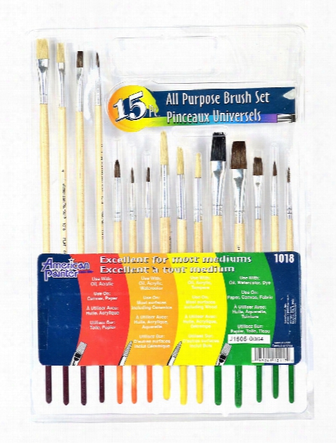 American Painter Wood Handle All Purpose Brush Set Assorted Set Of 15