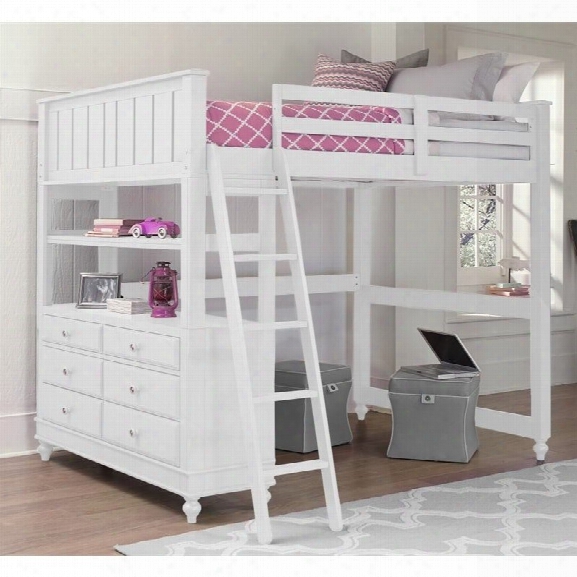 Ne Kids Lake House Full Loft Bed With Hanging Shelf In White