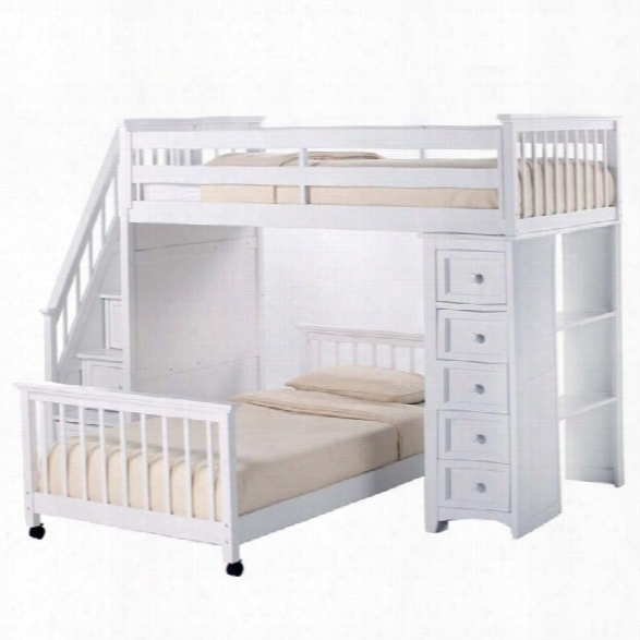 Ne Kids School House Stair Loft Bed With Chest End In White