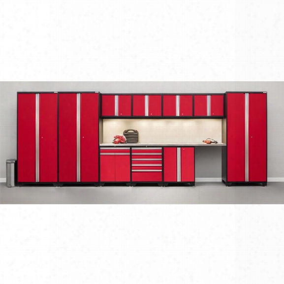 Newage Pro Series 12 Piece Garage Bamboo Worktop Cabinet Set In Red