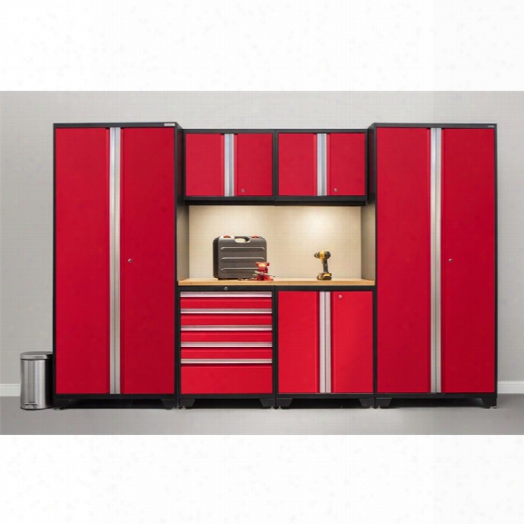 Newage Pro Series 7 Piece Garage Bamboo Worktop Cabinet Set In Red