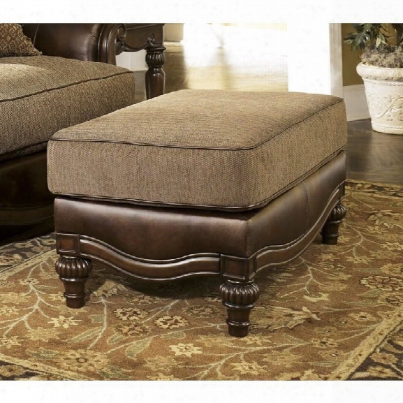 Ashley Claremore Faux Leather Ottoman In Antique