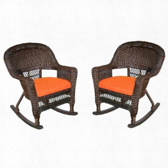 Jeco Wicker Chair In Espresso With Orange Cushion (set Of 4)