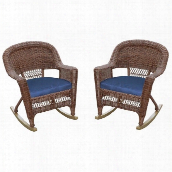 Jeco Wicker Chair In Honey With Blue Cushion (set Of 4)