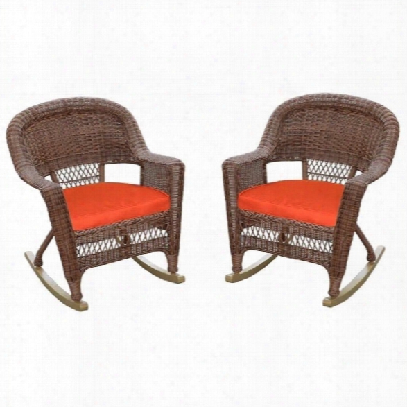 Jeco Wicker Chair In Honey With Red Cushion (set Of 4)