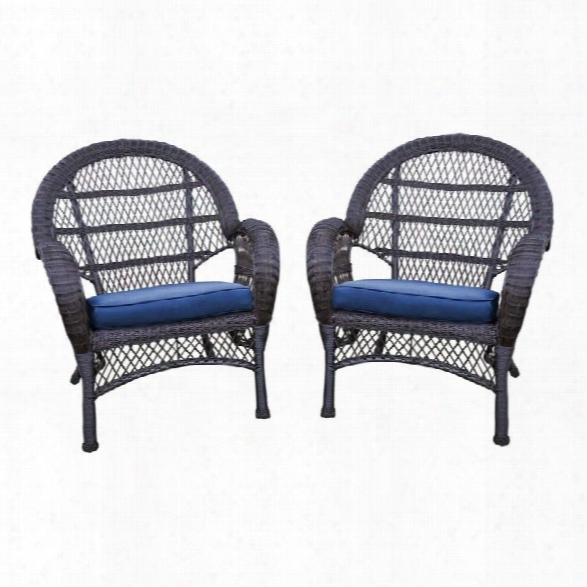 Jeco Wicker Chair In Espresso With Blue Cushion (set Of 4)