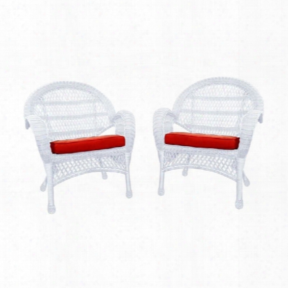 Jeco Wicker Chair In White With Red Cushion (set Of 4)