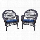 Jeco Wicker Chair in Espresso with Blue Cushion (Set of 4)