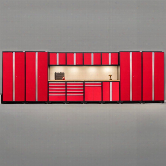Newage Pro Series 14 Piece Garage Bamboo Worktop Cabinet Set In Red