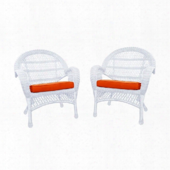 Jeco Wicker Chair In White With Orange Cushion (set Of 4)