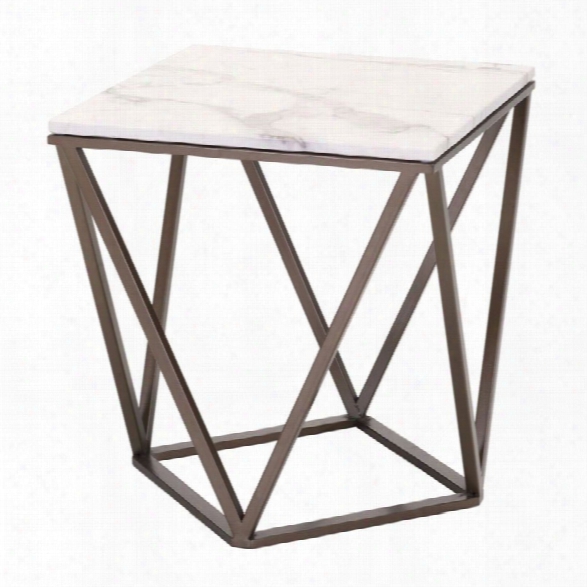 Maklaine Faux Marble Top End Table In Stone And Antique Brass