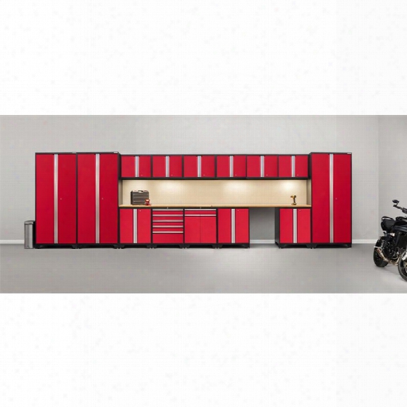 Newage Pro Series 16 Piece Garage Bamboo Worktop Cabinet Set In Red