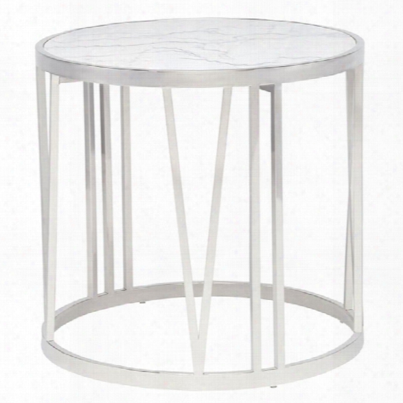 Nuevo Roma Nround Marble Top End Table In Silver Andd White