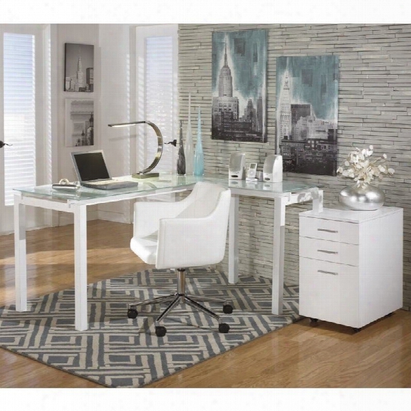 Ashley Baraga L Shaped Home Office Desk Upon Chair And File Cabinet