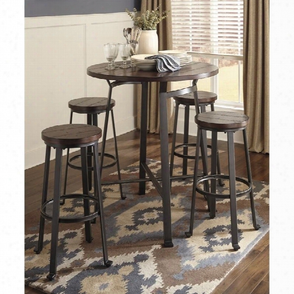 Ashley Challiman 5 Piece Bar Height Round Dining Set In Rustic Brown