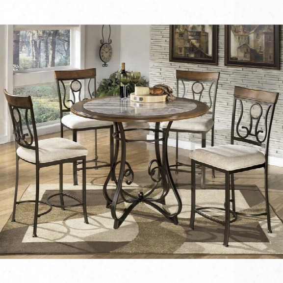 Ashley Hopstand 5 Piece Round Counter Height Dining Set In Brown