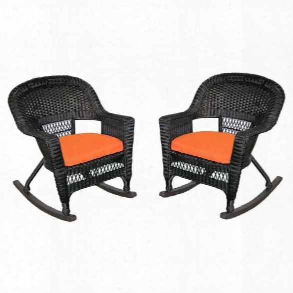 Jeco Wicker Chair In Black With Orange Cushion (set Of 4)