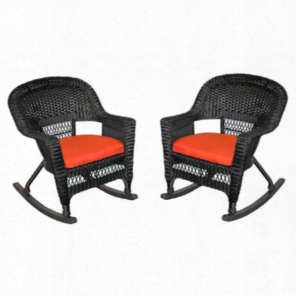 Jeco Wicker Chair In Black With Red Orange Cushion (set Of 4)