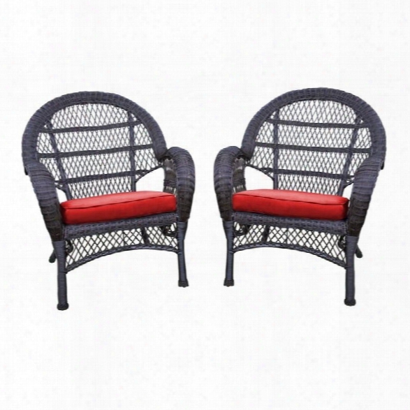 Jeco Wicker Chair In Espresso With Red Cushion (set Of 4)