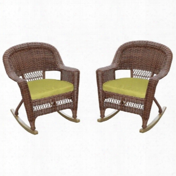 Jeco Wicker Chair In Honey With Green Cushion (set Of 4)