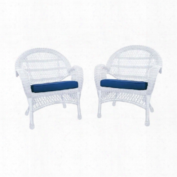 Jeco Wicker Chair In White With Blue Cushion (set Of 4)