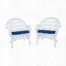 Jeco Wicker Chair in White with Blue Cushion (Set of 4)