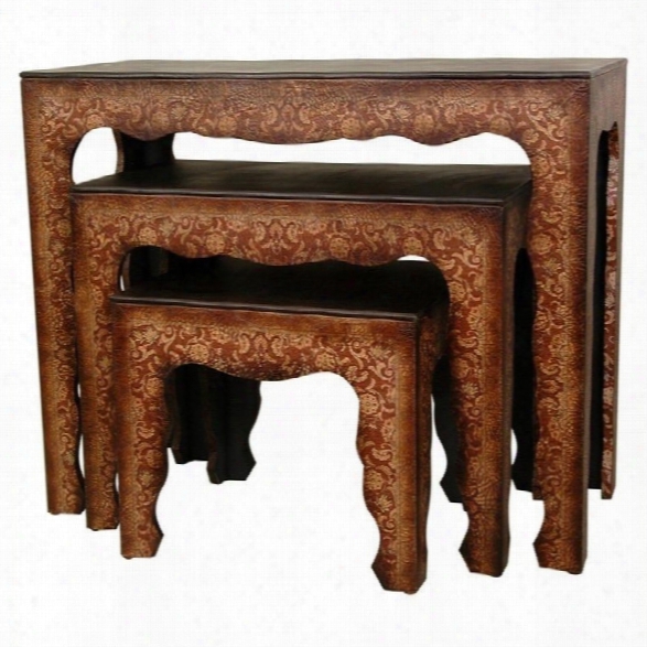 Oriental Olde-worlde Scalloped Nesting Tables In Brown (set Of 3)