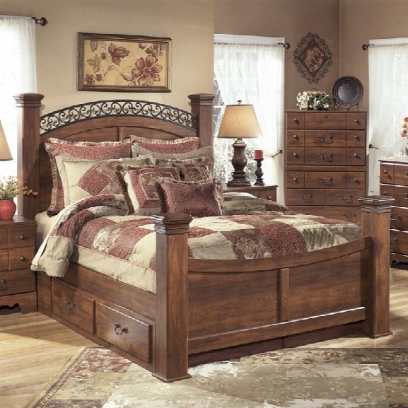 Ashley Timberline Wood King Double Drawer Panel Bed In Warm Brown