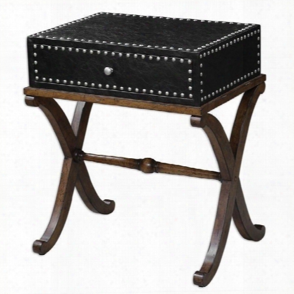 Uttermost Lok Black Faux Leather Accent Table In Antique Walnut