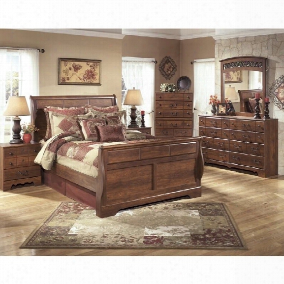 Ashley Timberline 6 Piece Wood Queen Sleigh Bedroom Set In Warm Brown