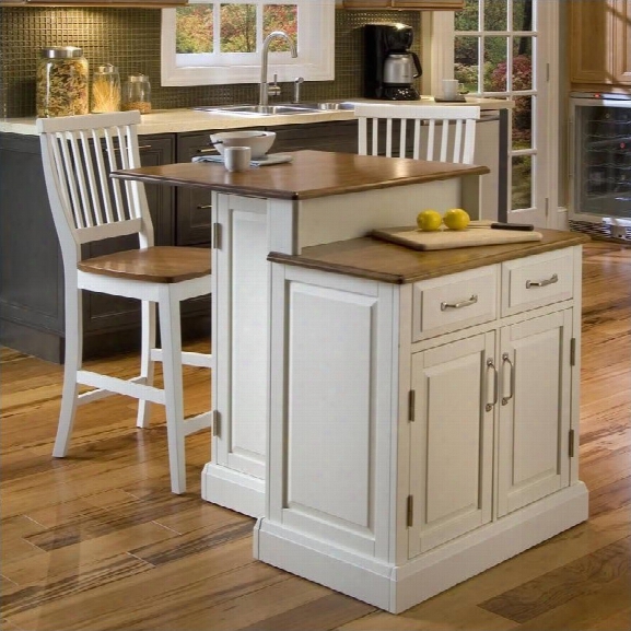 Home Styles Woodbridge Two Tier Kitchen Island And Stools Set In White And Oak