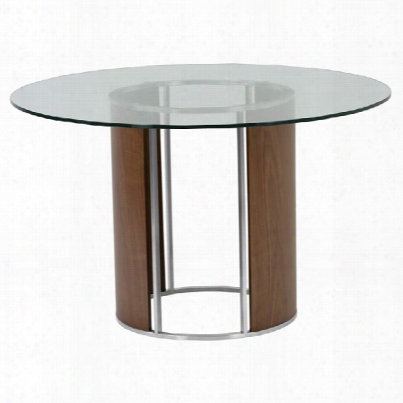 Armen Living Delano Round Glass Top Dining Table In Walnut