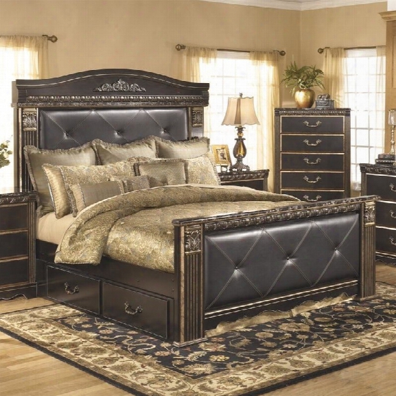 Ashley Coal Creek Upholstered King Panel Drawer Bed In Dark Brown