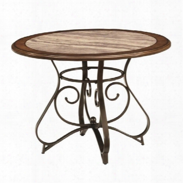 Ashley Hopstand Round Dining Table With Faux Marble Inset In Brown
