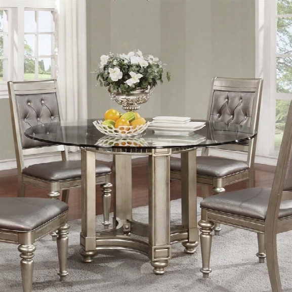 Coaster Danette Round Dining Table With Glass Top In Metallic Platinum