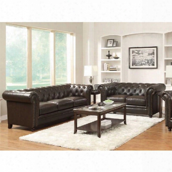 Coaster 2 Piece Faux Leather Button Tufted Sofa Set In Dark Brown