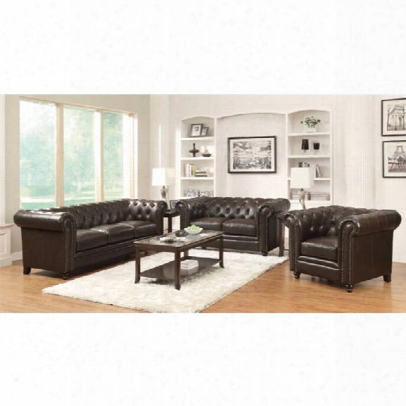 Coaster 3 Piece Faux Leather Button Tufted Sofa Set In Dark Brown