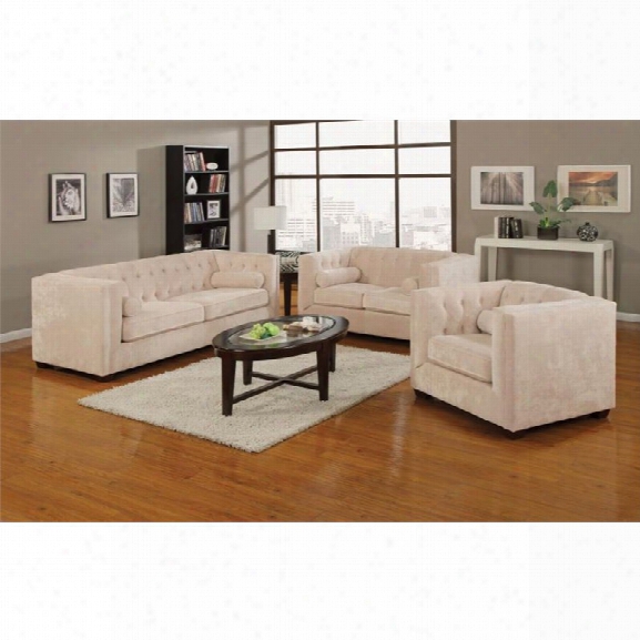 Coaster Alexis 3 Piece Microvelvet Chesterfield Sofa Set In Almond