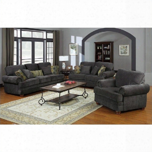 Coaster Colton 3 Piece Traditional Upholstered Sofa Set In Smokey Grey