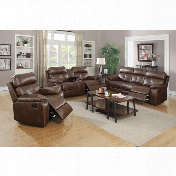 Coaster Damiano 3 Piece Faux Leather Reclining Sofa Set In Brown