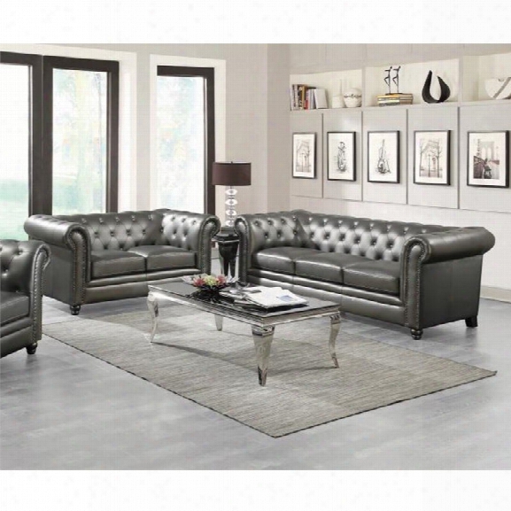 Coaster Roy 2 Piece Faux Leather Tufted Sofa Set In Gunmetal