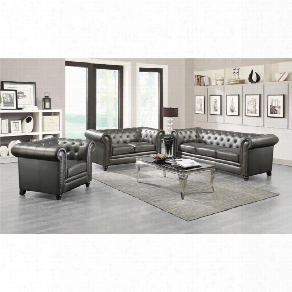 Coaster Roy 3 Piece Faux Leather Tufted Sofa Set In Gunmetal