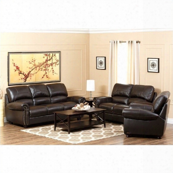 Abbyson Berneen 3 Piece Leather Sofa Set In Dark Truffle