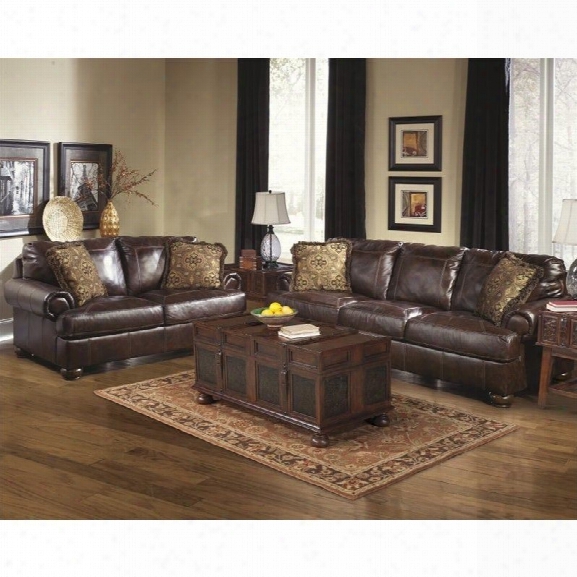 Ashley Furniture Axiom 2 Piece Leather Sofa Set In Walnut