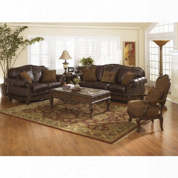 Ashley North Shore 3 Piece Leather Sofa Set With Chair In Dark Brown
