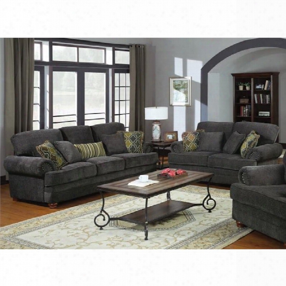 Coaster Colton 2 Piece Traditional Upholstered Sofa Set In Smokey Gray