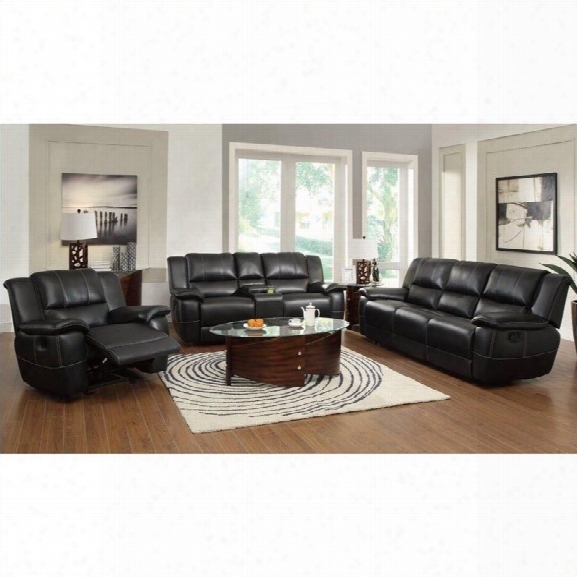 Coaster Lee Transitional 3 Piece Leather Reclining Sofa Set In Black