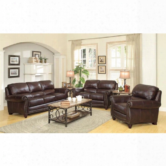 Coaster Lockhart 3 Piece Leather Sofa Set In Burgundy Brown